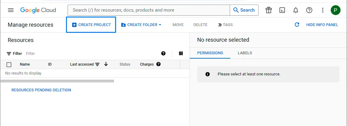 Google Cloud Resource Manager project screen