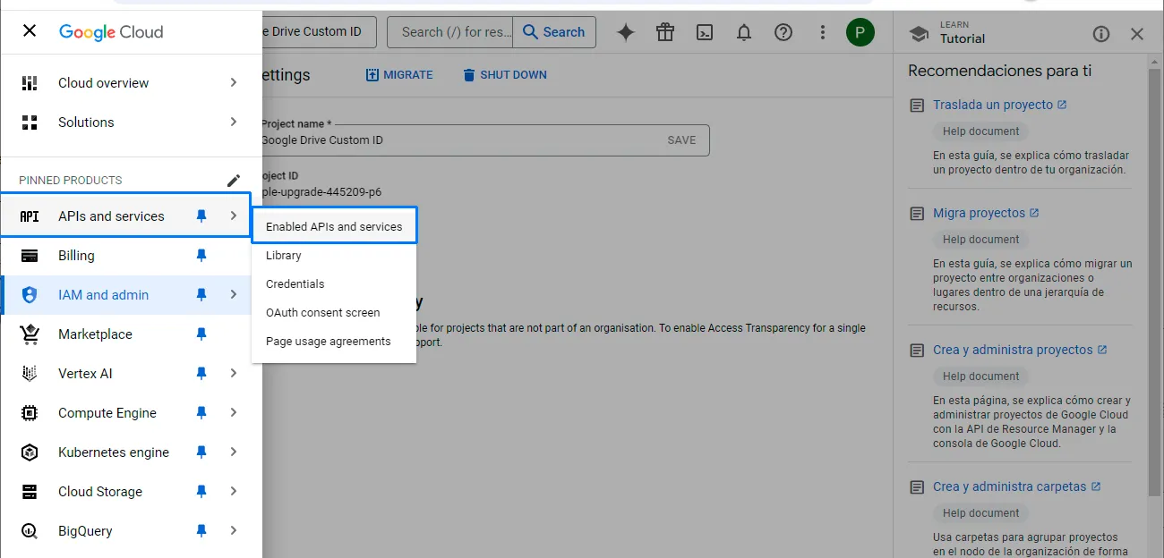 Google Cloud APIs and Services menu
