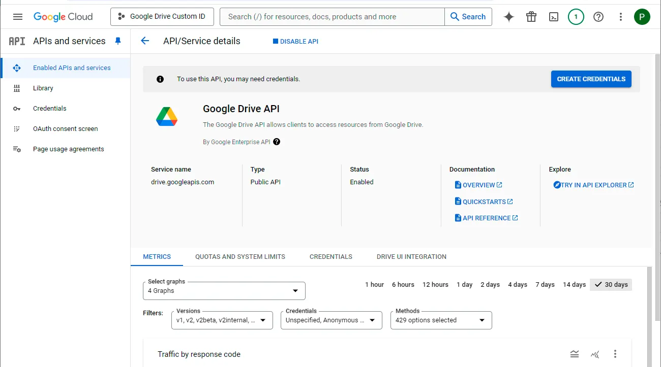 Google Drive API enable button