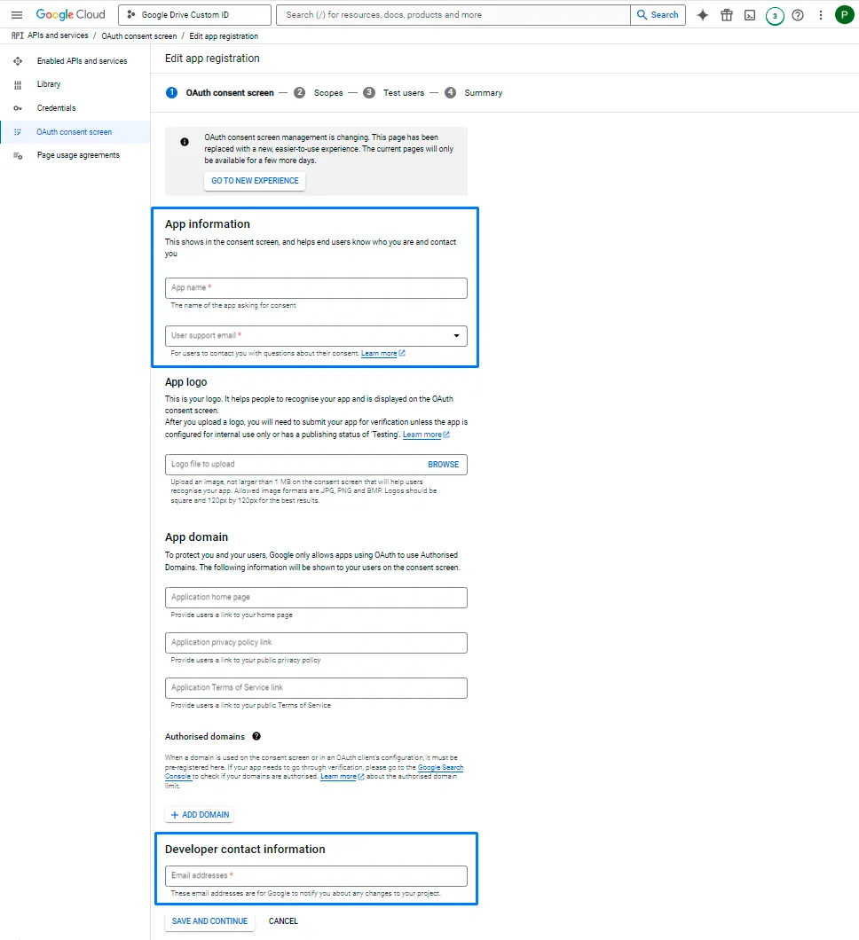 OAuth consent screen app information form