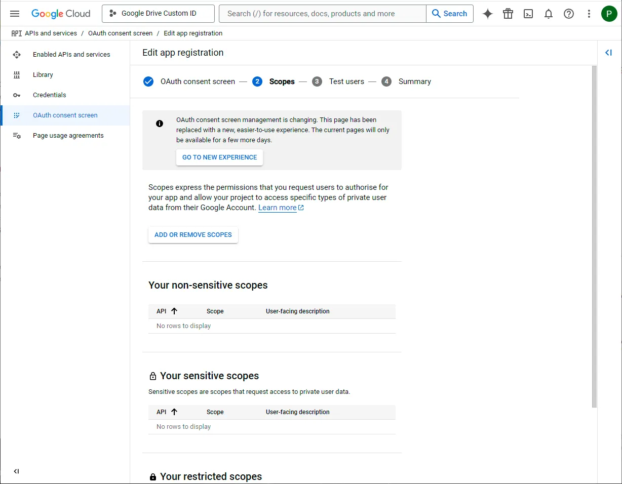 OAuth consent screen scopes section