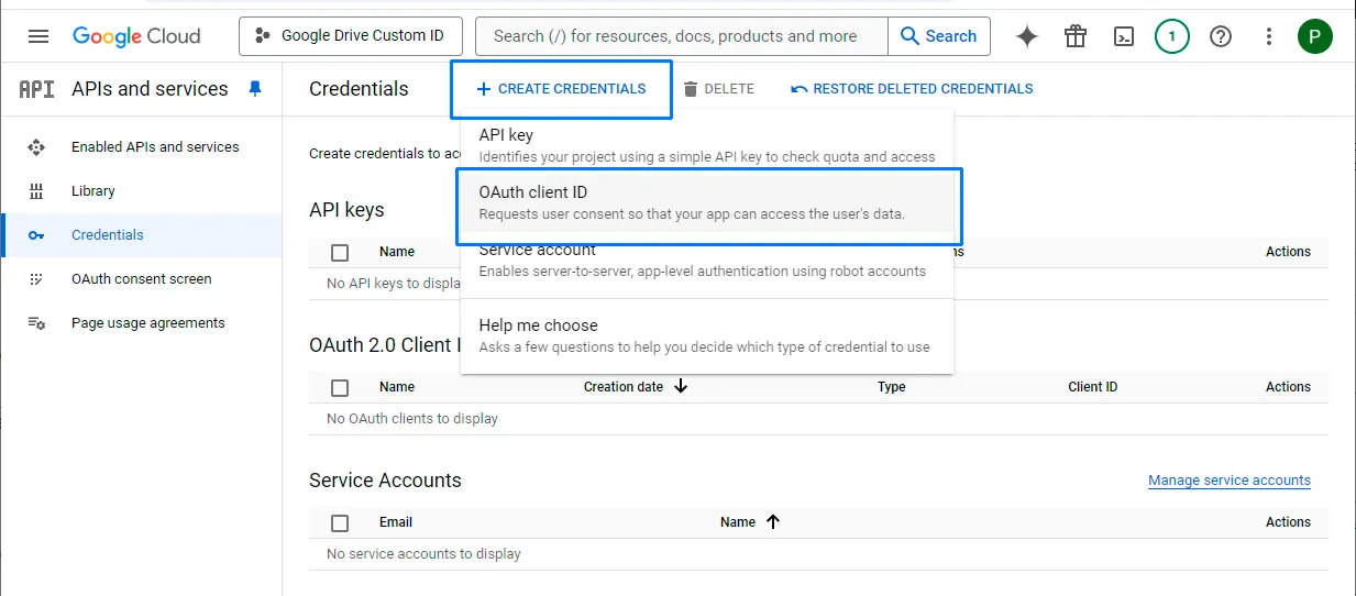 Create OAuth client ID credential