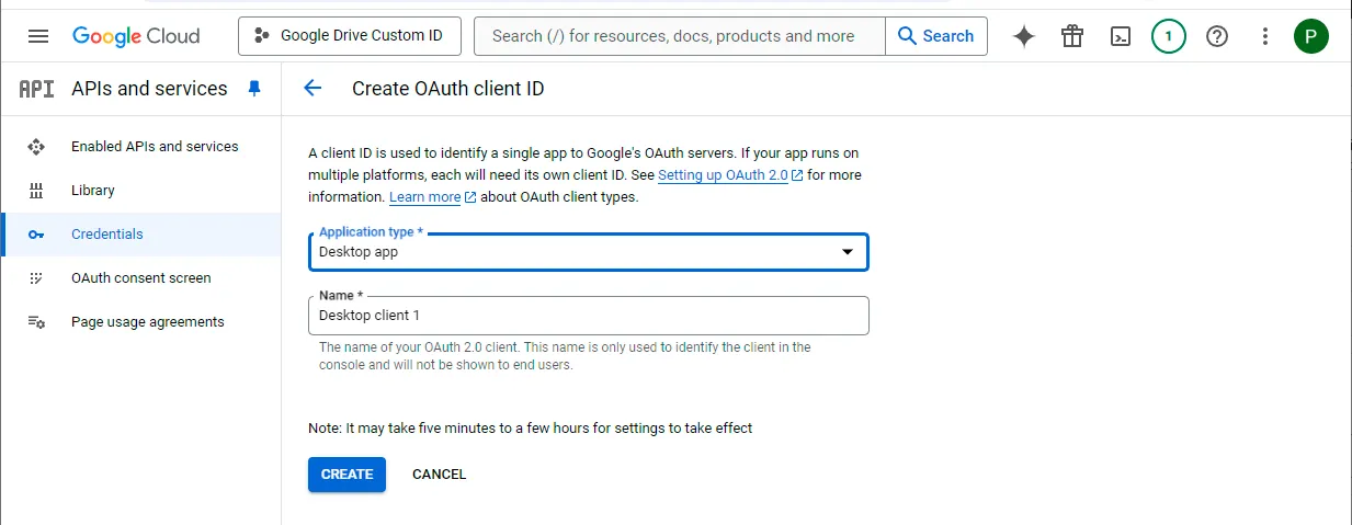 Create OAuth client ID form