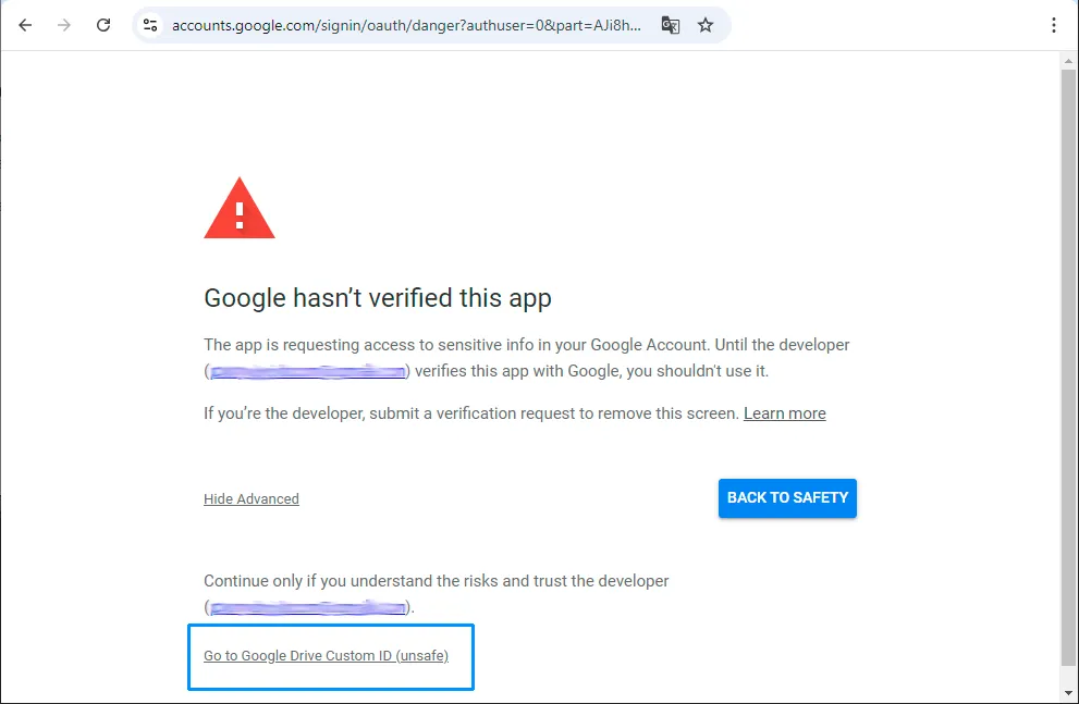 Continue to Google Drive Custom ID link