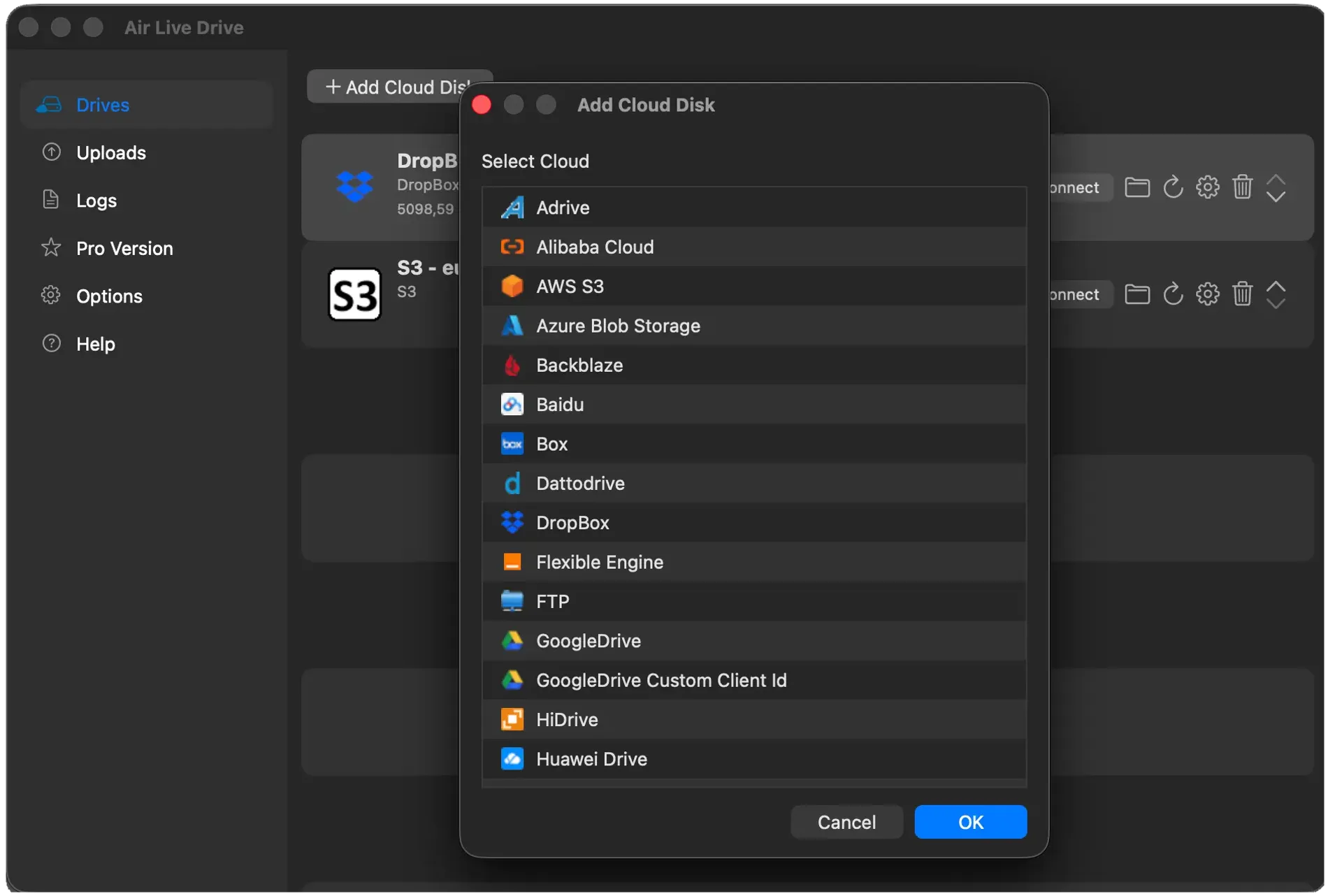 Air Live Drive cloud selection on macOS