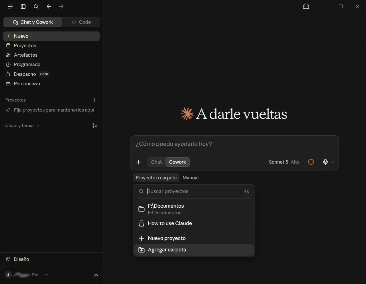 Claude Cowork menu showing Project or folder and Add folder