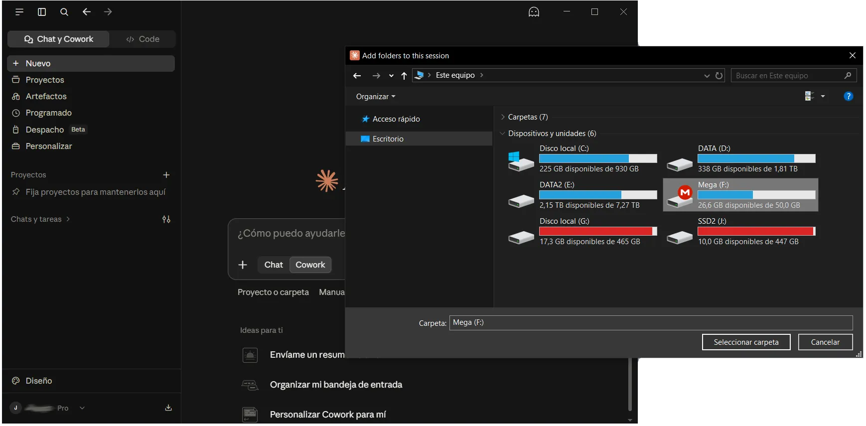 Selector de carpetas de Claude en Windows con la unidad Mega F montada por Air Live Drive