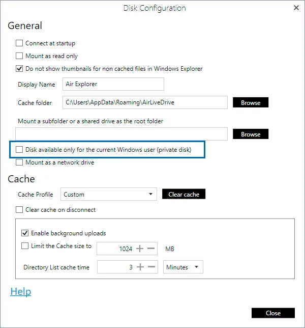 Permitir que tu nube este disponible sólo para el usuario actual de Windows en la configuración de Air Live Drive