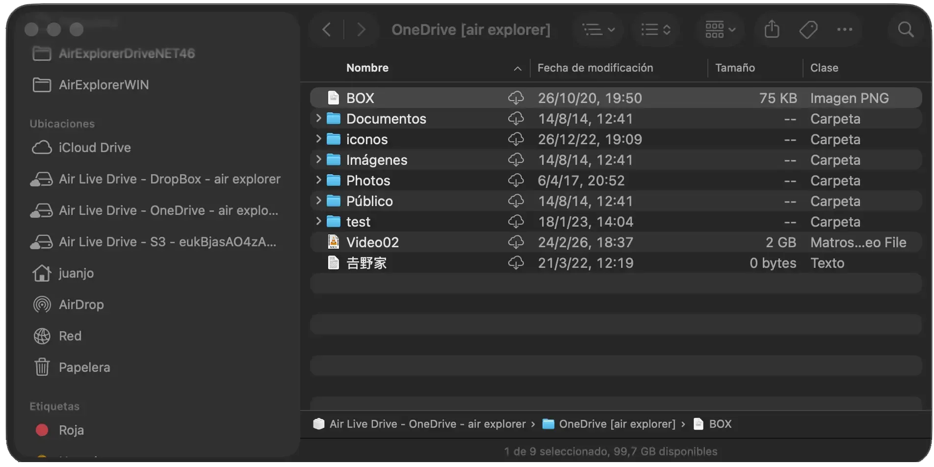 A connected Air Live Drive cloud account open in Finder