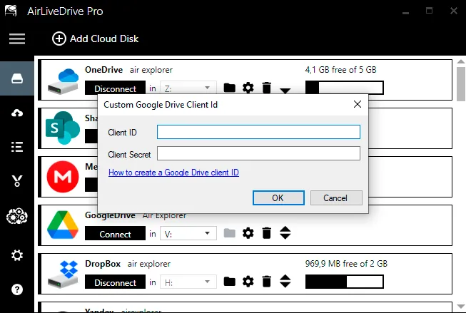 Air Explorer Client ID and Client Secret fields