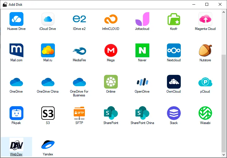 Ventana «Add Disk» de Air Live Drive con el servicio WebDAV seleccionado