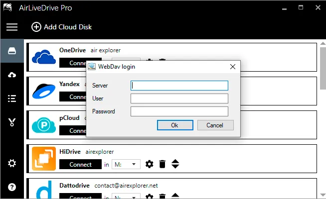Añadir cuenta de WebDav de Cloudme en Air Live Drive