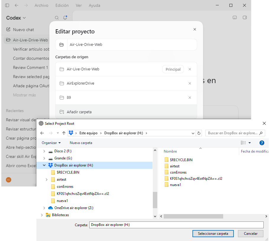 How to use ChatGPT and Codex with Dropbox, Google Drive and OneDrive folders